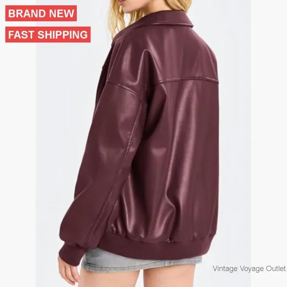 Oversized Faux Leather Bomber Jacket Zip Up Moto Biker Coat